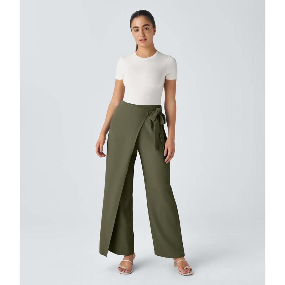 NWT Halara High Waisted Tie Side Wide Leg Work Pants Burnt Olive Size Large - Picture 15 of 16